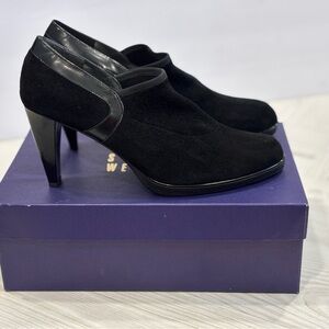 Stuart Weitzman Upward Black Suede Booties Heel 8.5 W Wide Made in Spain NIB